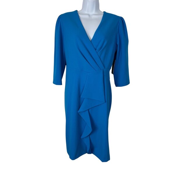 Julia Jordan NEW Cerulian Blue Sz 12 Faux Wrap Cascade Ruffle Dress Career - Picture 1 of 11